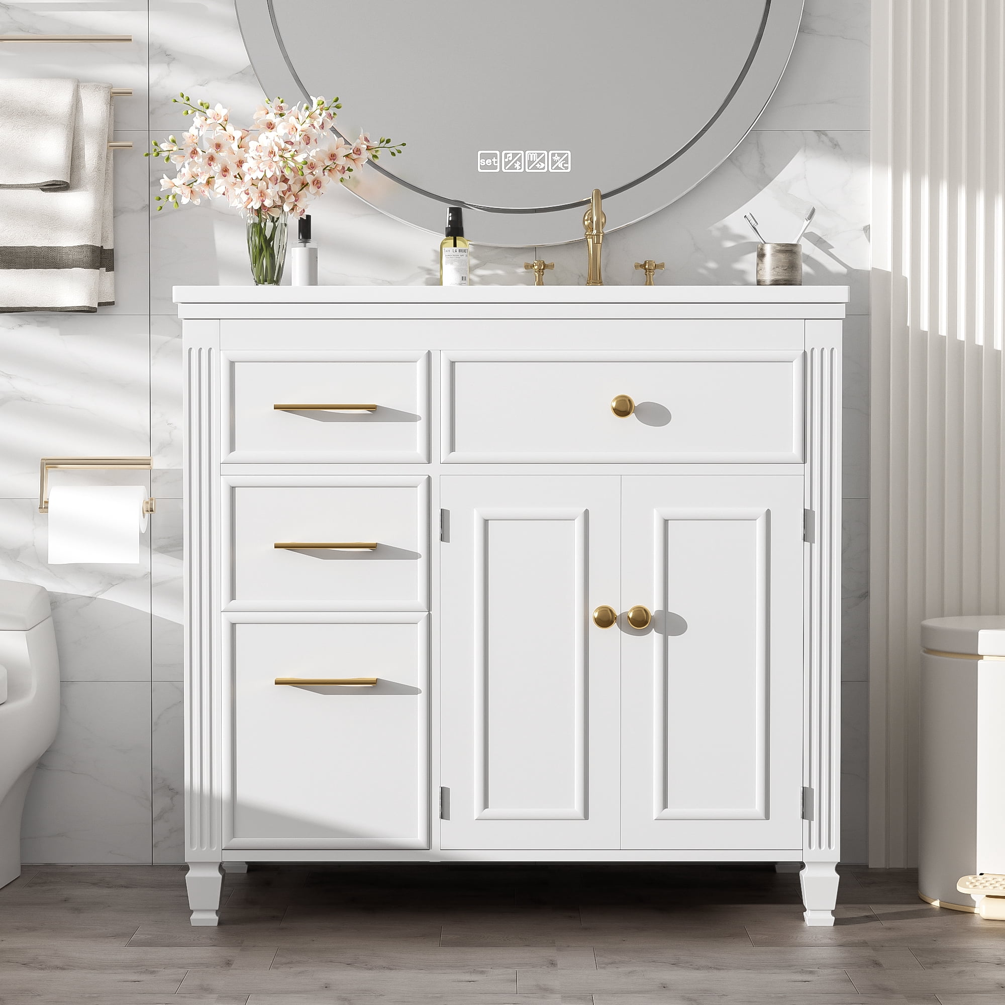 Euroco 36" Modern Freestanding Bathroom Vanity with Ceramic Sink, Acacia Wood Legs, 4 Drawers, Adjustable Shelf – Minimalist Storage Cabinet for Small to Medium Bathrooms
