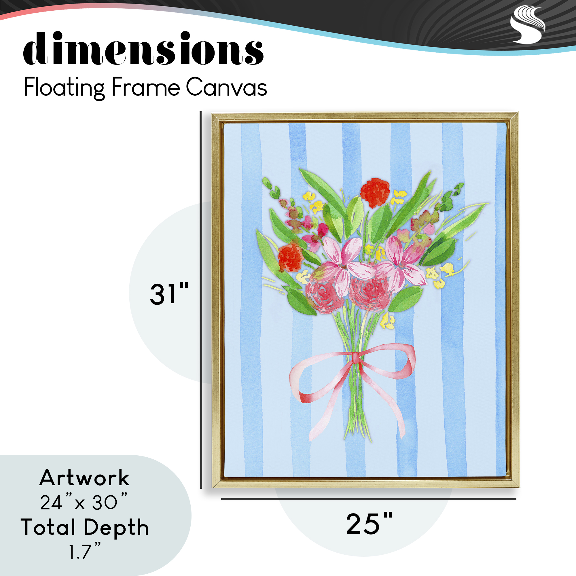 Bright Springy Bouquet Stripes Gold Framed Floater Canvas Wall Art, design by Nina Jacobs