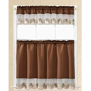 Sapphire Home 3 Piece Kitchen Curtain Linen Set with 2 Tiers 30" W Total Width 60" x 36" L and 1 Tailored Valance 60" W x 14" L, Embroidery Kitchen Curtain Dcor Linen, Floral, Wine, BT119, Burg