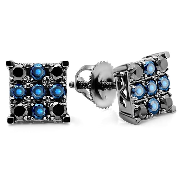 Dazzlingrock Collection 1.00 Carat (ctw) 14k Round Blue & Black Diamond Men's Square Shaped Stud Earrings 1 CT, White Gold