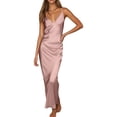 thumbnail image 2 of EliteGoogv Womens Satin Dresses V Neck Spaghetti Strap Maxi Dresses For Women Slim Straight Fit Summer Dresses Vacation Wedding Guest Dresses Red, 2 of 4