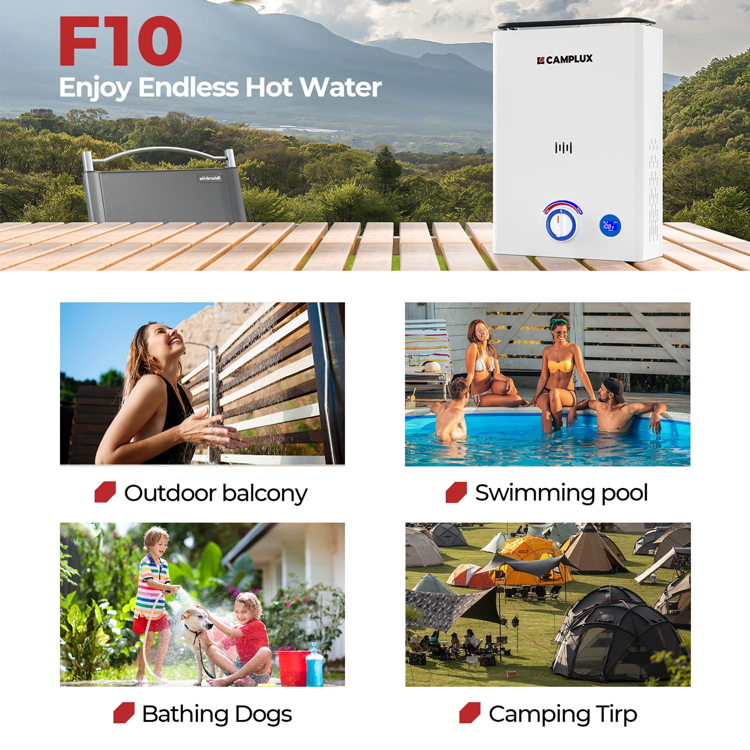CAMPLUX First F10 Pro 2.64GPM 68,000 BTU Portable Outdoor Propane Tankless Water Heater with Water Pump Set for Camping