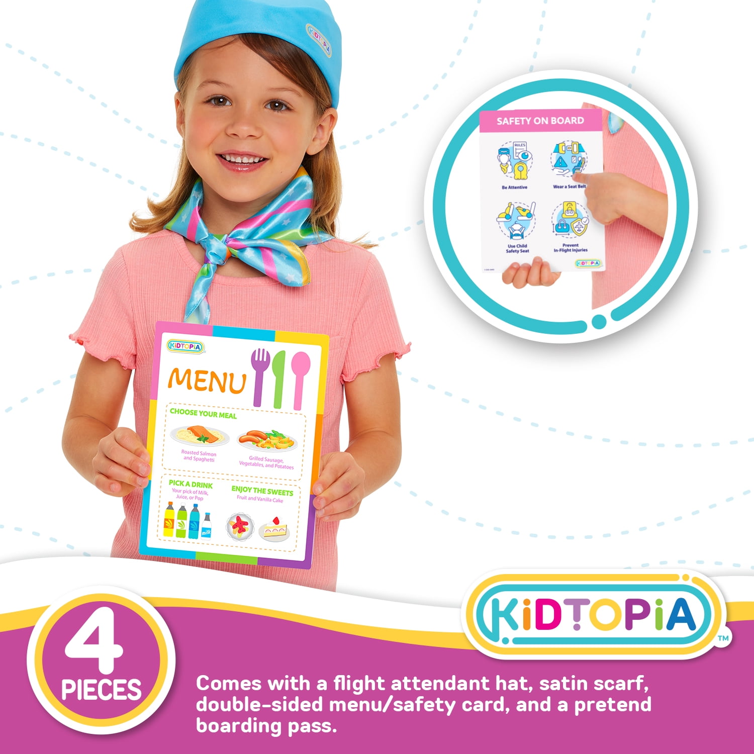Kidtopia Little Flight Attendant Role Play Set with 4 Accessories for Kids Aged 3 and Up