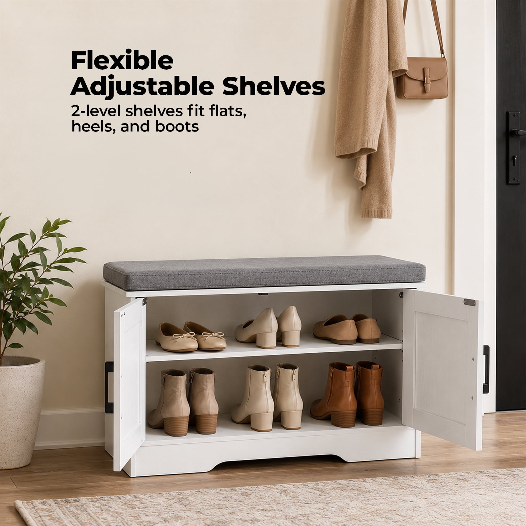 Alvantor 2-Tier Wooden Shoe Storage Cabinet Bench with Padded Seat and Adjustable Shelf for Entryway