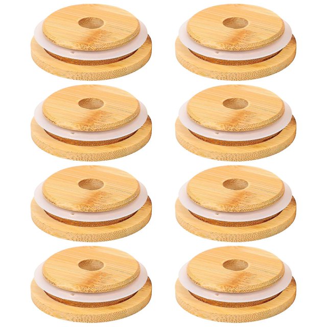 Tapas de tarro de bambú reutilizables, tapas de tarro de bambú de 70mm con orificio para pajita, compatibles con tarro de boca ancha