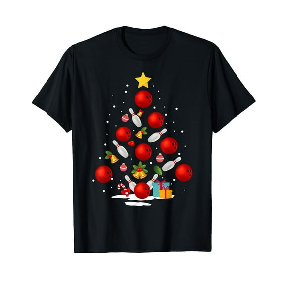 Funny Bowling Christmas Tree Lights Xmas Gifts For Men Women Short Sleeve T-Shirt