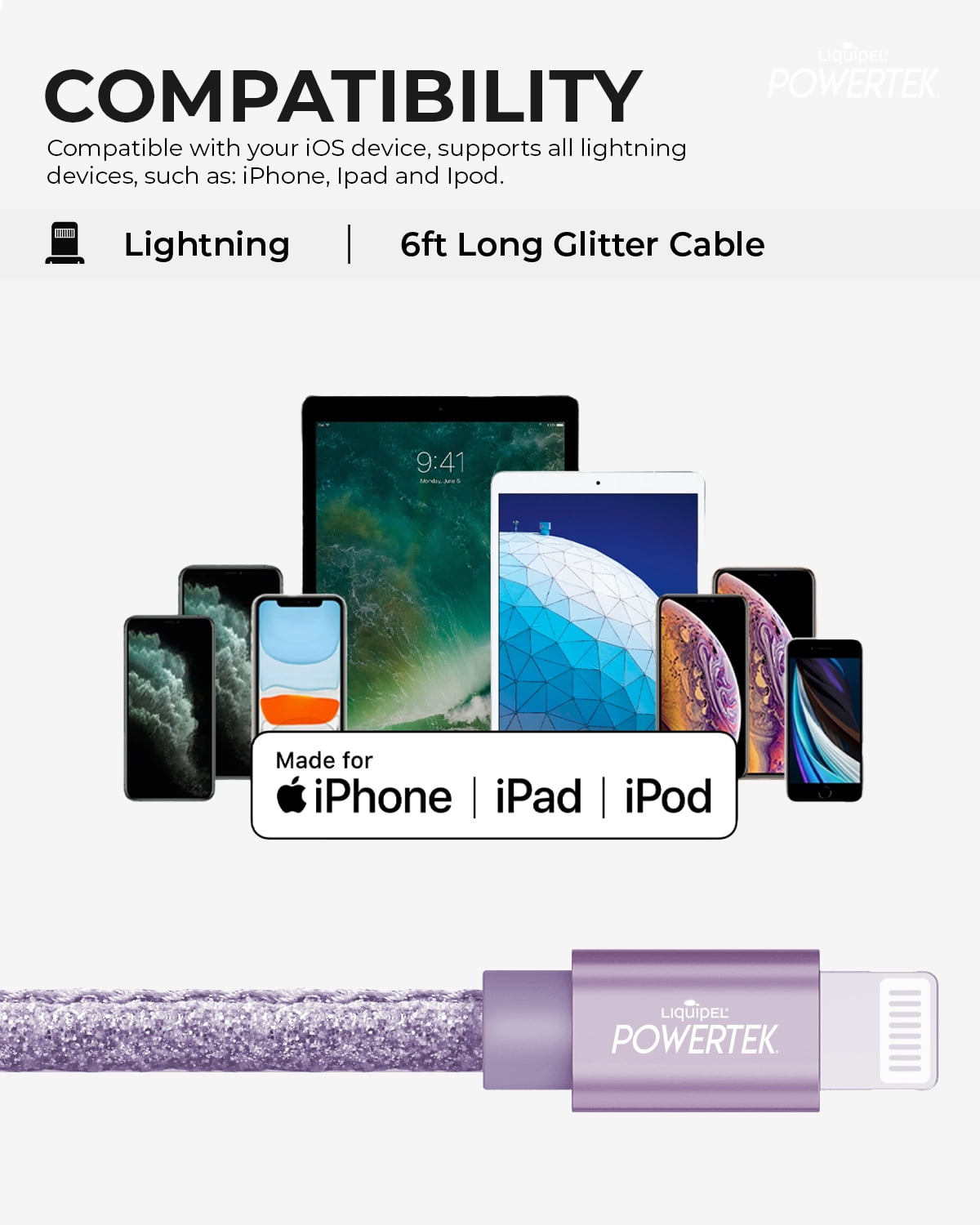 Liquipel Powertek USB C Lightning iPhone Charger Cable [MFI Certified], 6ft Fast Charging, Pastel Glitter