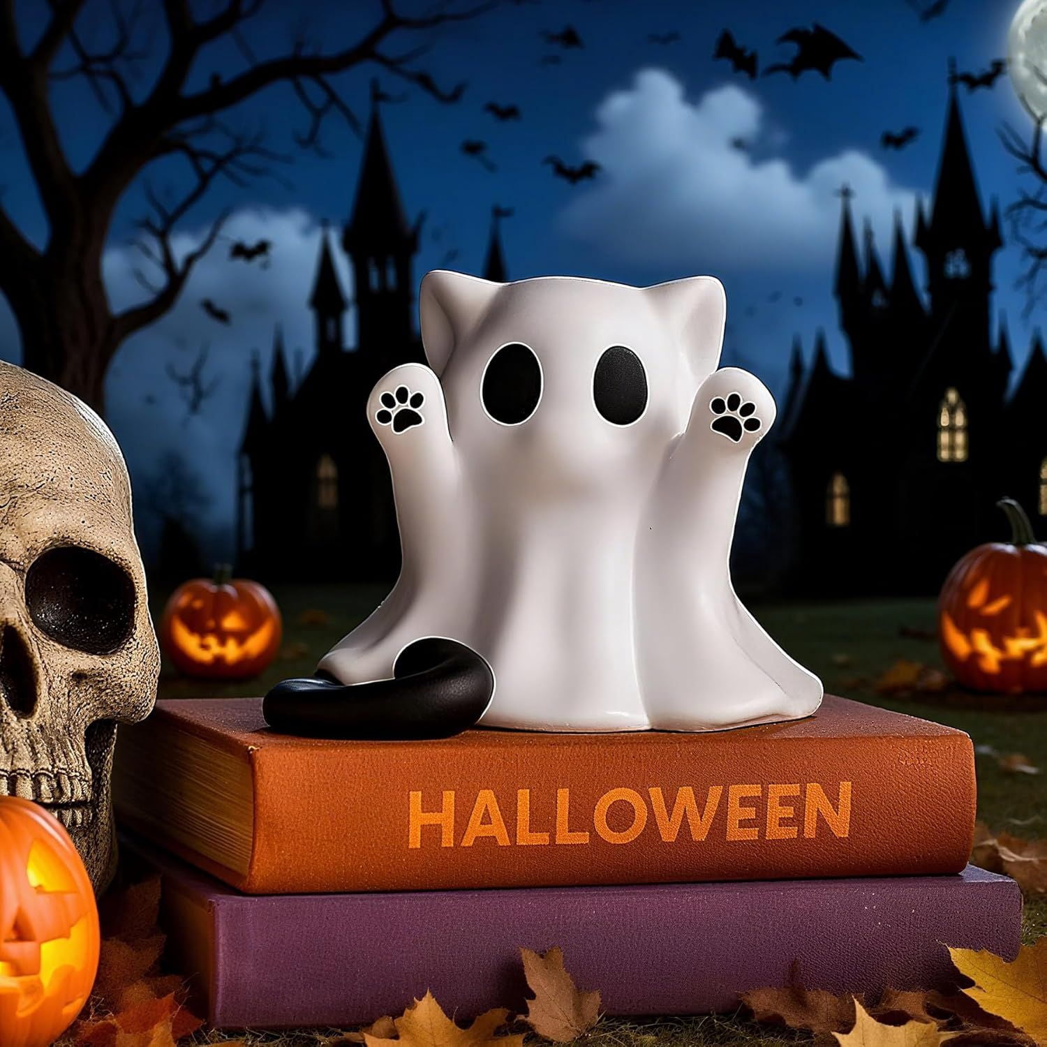 Cat-Shaped Ghost Ornament Mini Resin Figurine for Halloween Table Decor