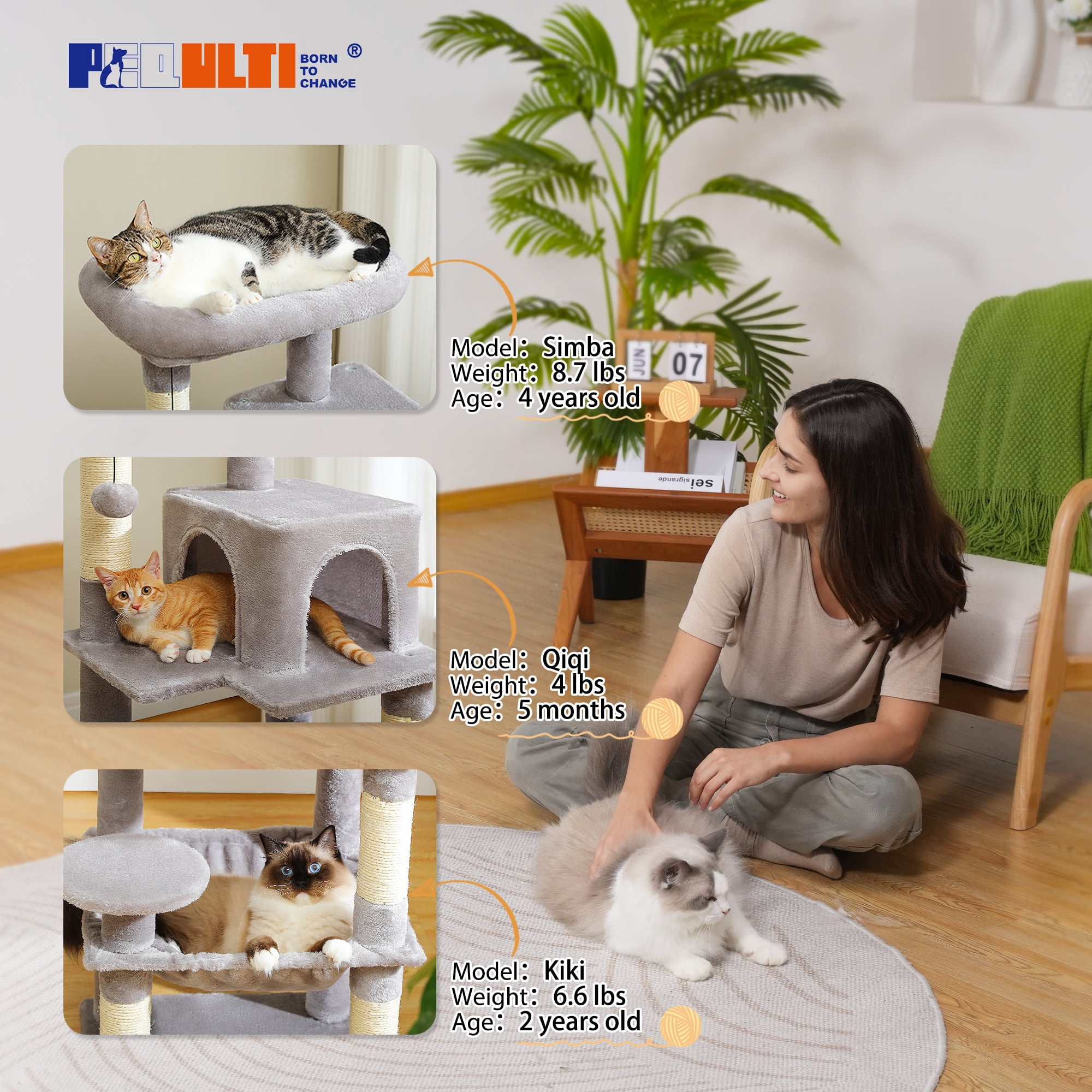 PEQULTI 45.7" Multi-Level Cat Tree Large Cat Tower Indoor with Condo and Hommock Light Gray
