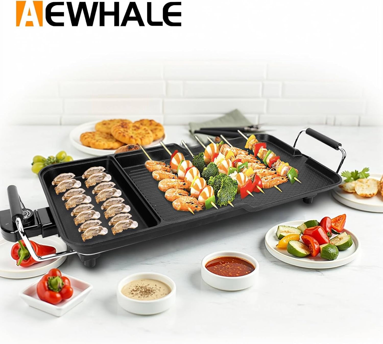 3-in-1 Electric Nonstick Griddle Grill 1800W, Teppanyaki Grill with Removable Temperature Control & Drip Tray for Pancakes Burgers Eggs, 22"x 10.5"