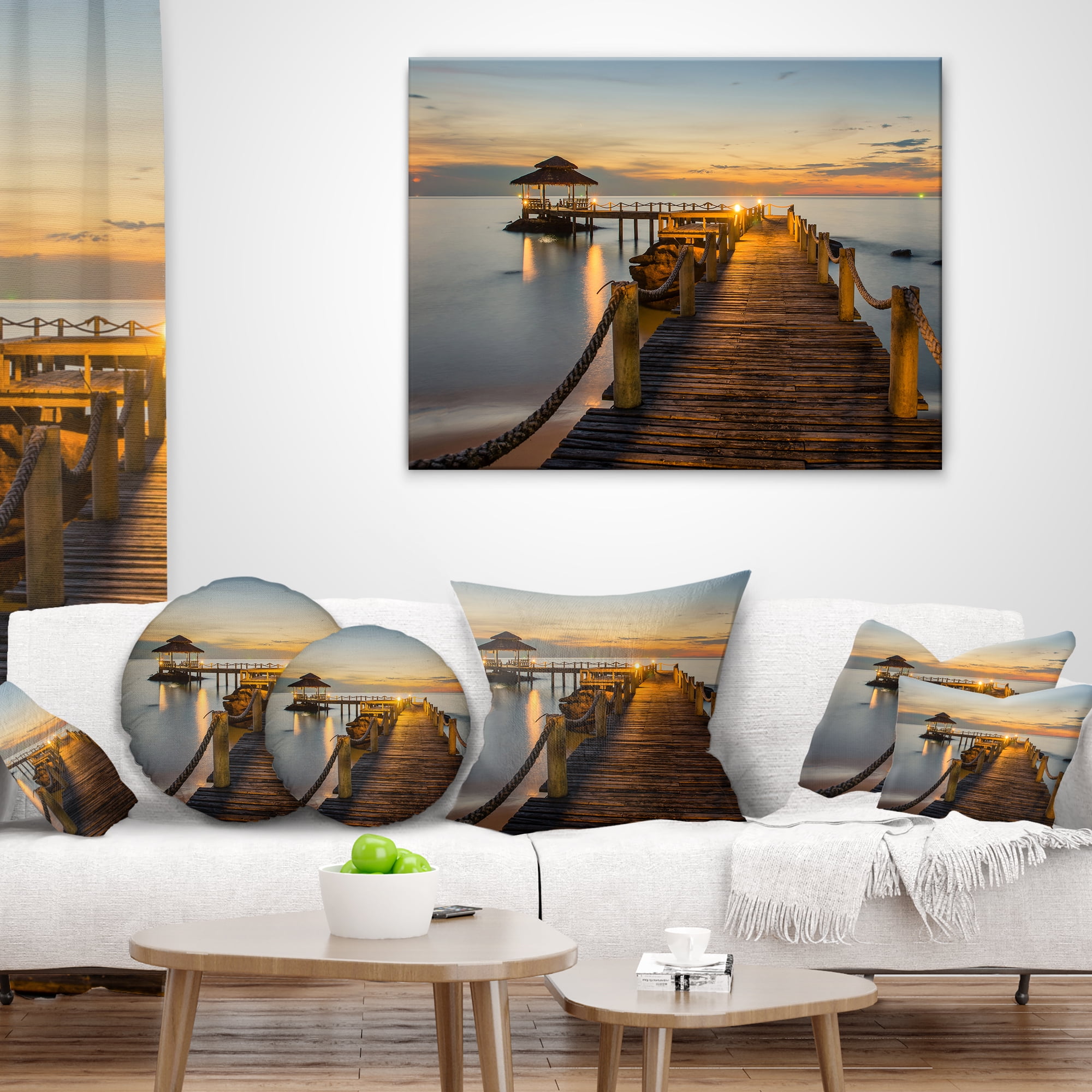 Designart Brown Wooden Pier in Evening - Seashore Photo Throw Pillow - 12x20
