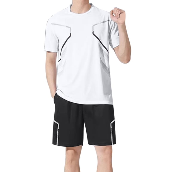 Timoontee Men's Summer Casual Sets 2 Piece Outfits Short Sleeve Crewneck Shirts with Drawstring Shorts Lightweight Tracksuit for Hiking Running Gym Workout White XL