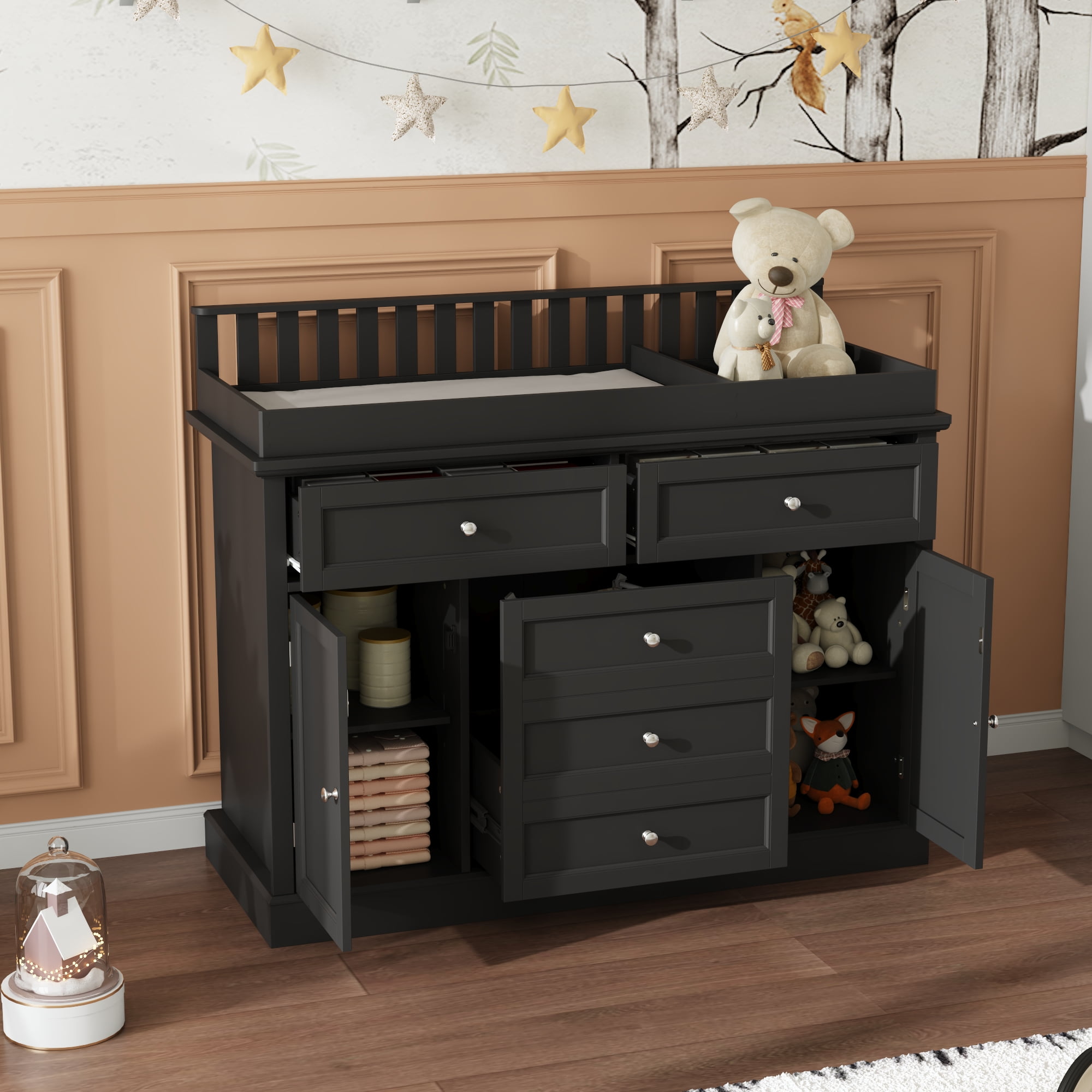 WIAWG Nursery Dresser with Changing Table Top, 46" W Baby Dresser with 2 Drawers,Storage Organize Station for Nursery and Baby Bedroom,Black