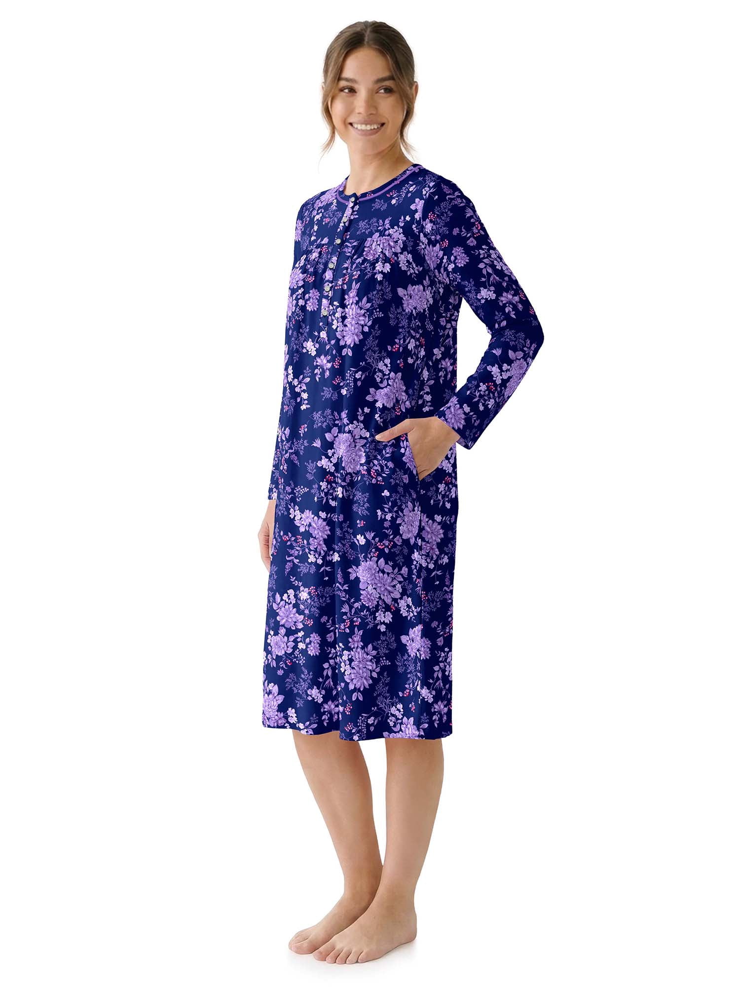 Aria Women’s Long Sleeve Stretch Velour 44" Sleepwear Nightgown, Sizes XS-5X