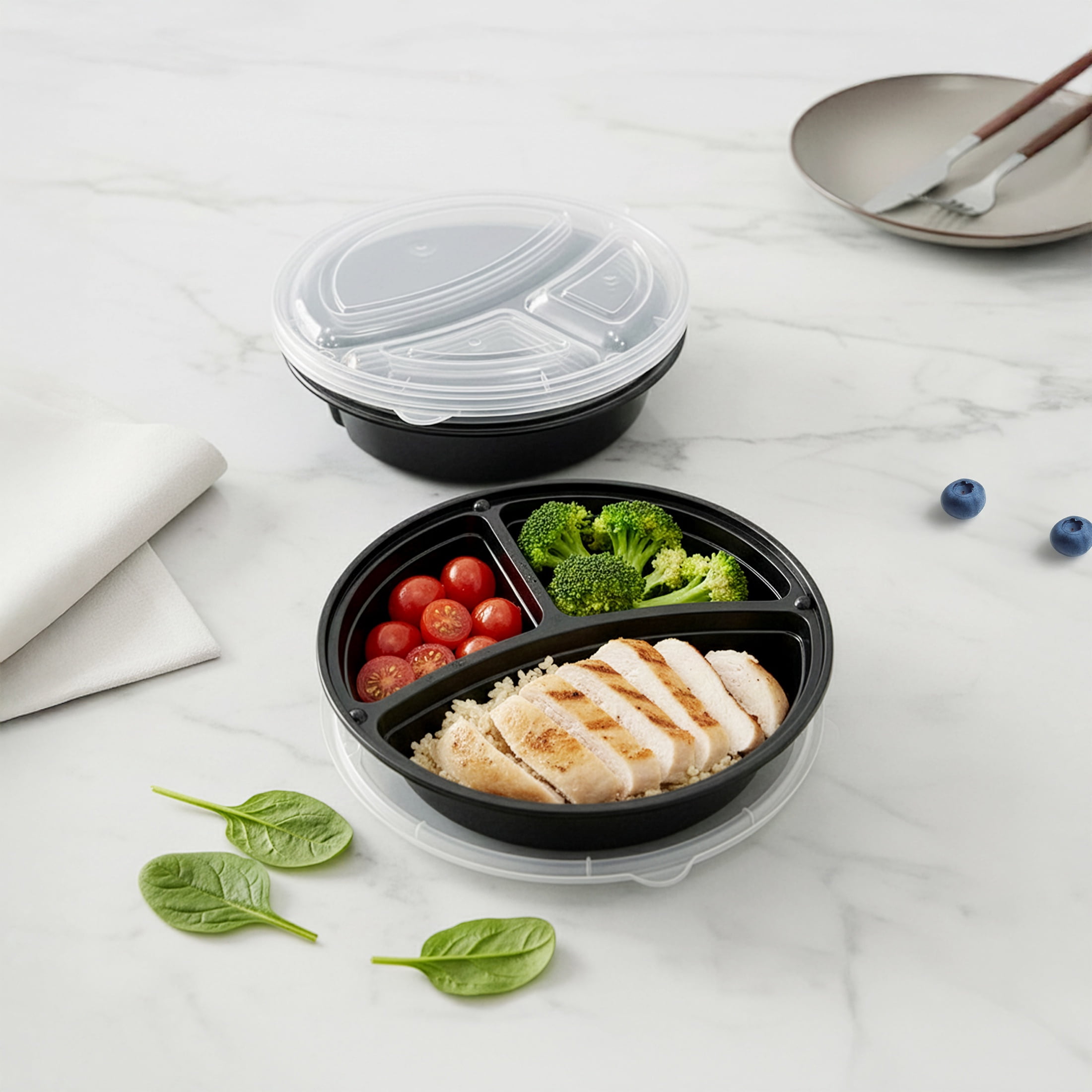 (2 pack) Mainstays 10-Piece (5 Containers + 5 Lids) Round Meal Prep Containers, 3-Compartments, 1L, BPA-Free, Microwave & Dishwasher Safe