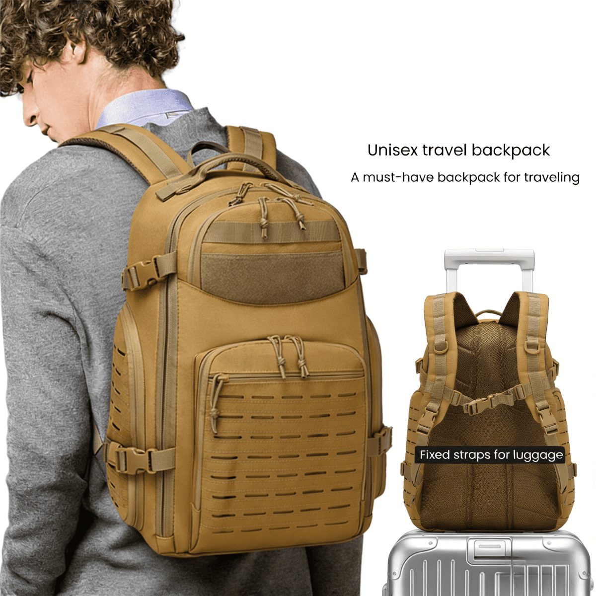 15.6 Inch Laptop Backpack - Large Capacity Outdoor Rucksack with MOLLE Webbing, Compass, Flag Patch, Survival Whistle,TYPE-C Outdoor Fire Starter (Hiking Camping Daily Commute)