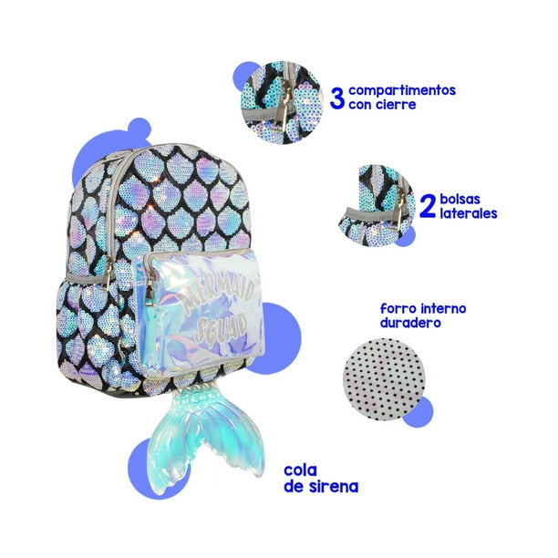 Mochila Escuadron Sirena Importadora La Merced Con Cola Plateada Escamas Lentejuelas Walmart en linea