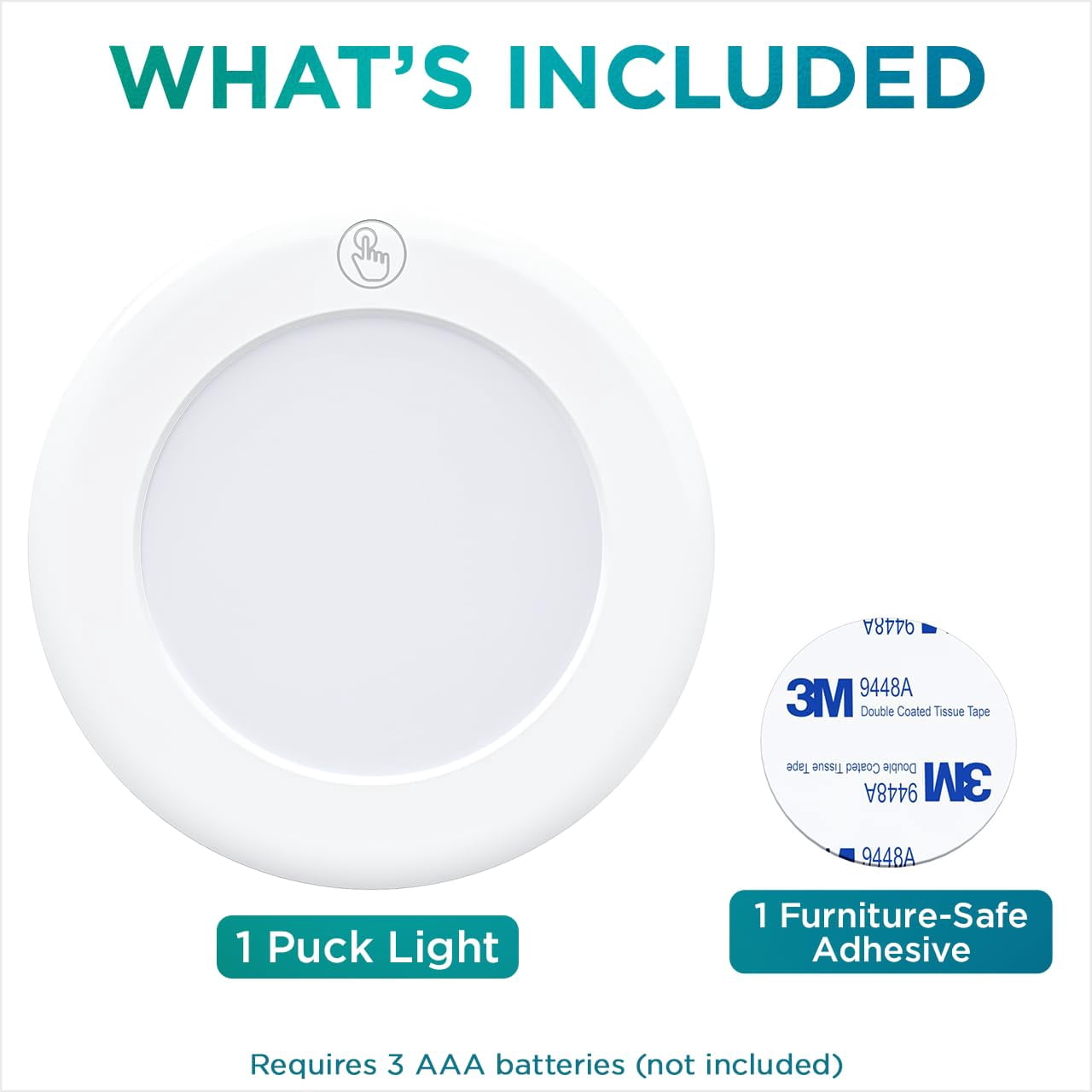 Brilliant Evolution Stick On Puck Lights - Battery Powered Cabinet Lights for Kitchen Under Cabinet Lighting - Wireless Tap On LED Touch Light, 3000K Warm White with Easy Installation - 9x9x2-Inch