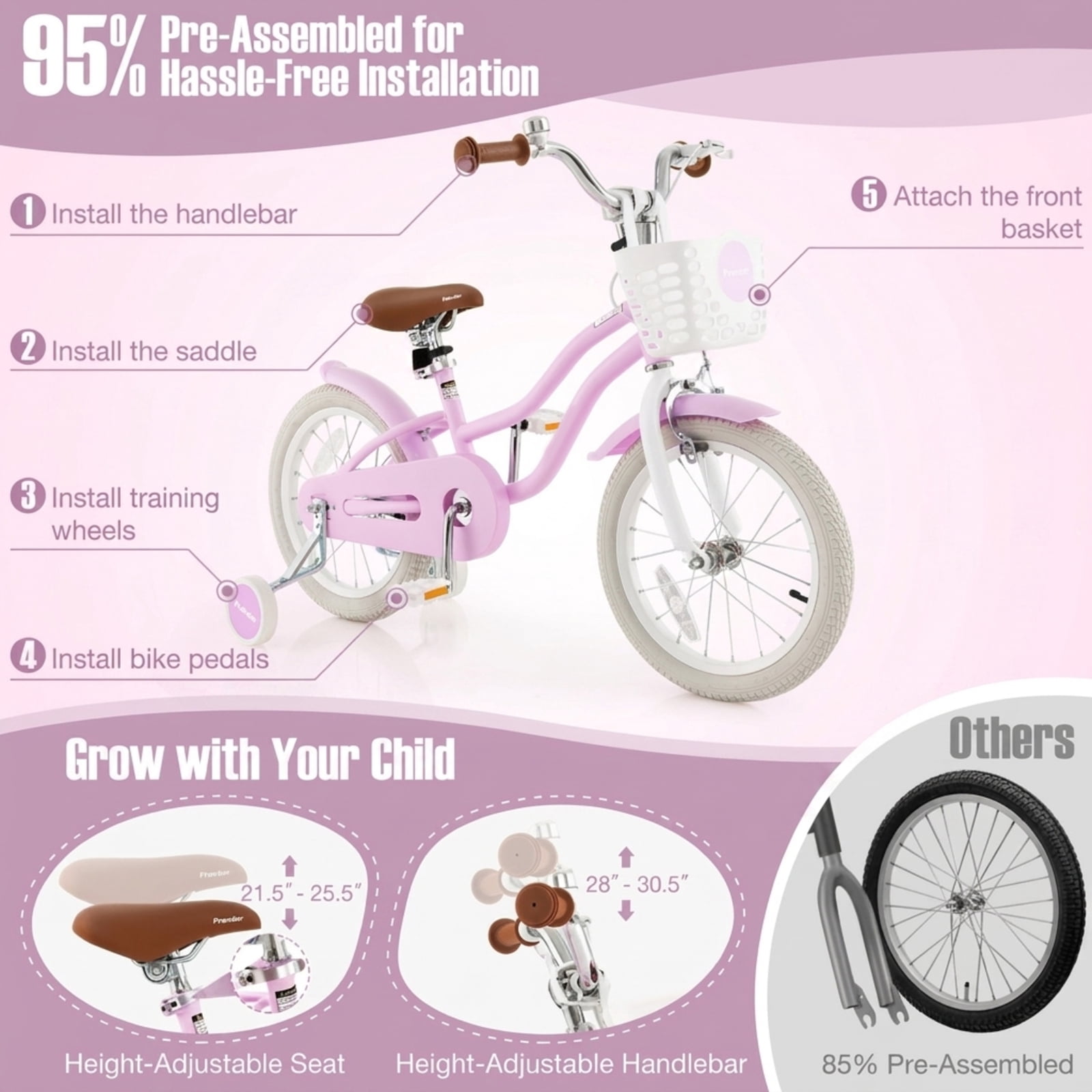 Redsmile 16 Inch Kids Bike for Boys Girls Ages 4-7, Youth Bicycle with Front Handbrake and 2 Removable Training Wheels, Adjustable Seat Carbon Steel Kids Bicycle, Purple