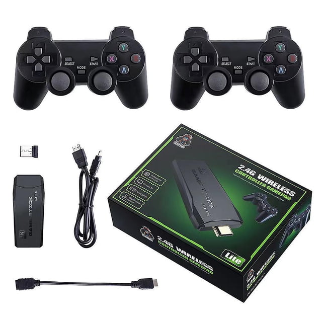 consola de videojuegos retro m8 controlador inalámbrico dual game stick 4k 10000 gaming 64gb blanco con dos controles inalámbricos negros, dongle USB 2.4G, cable micro‑USB, cable HDMI y caja. Vista frontal del stick compacto y los mandos con d‑pad y botones A/B/X/Y visibles; suele usarse también como consola de viaje por su tamaño.