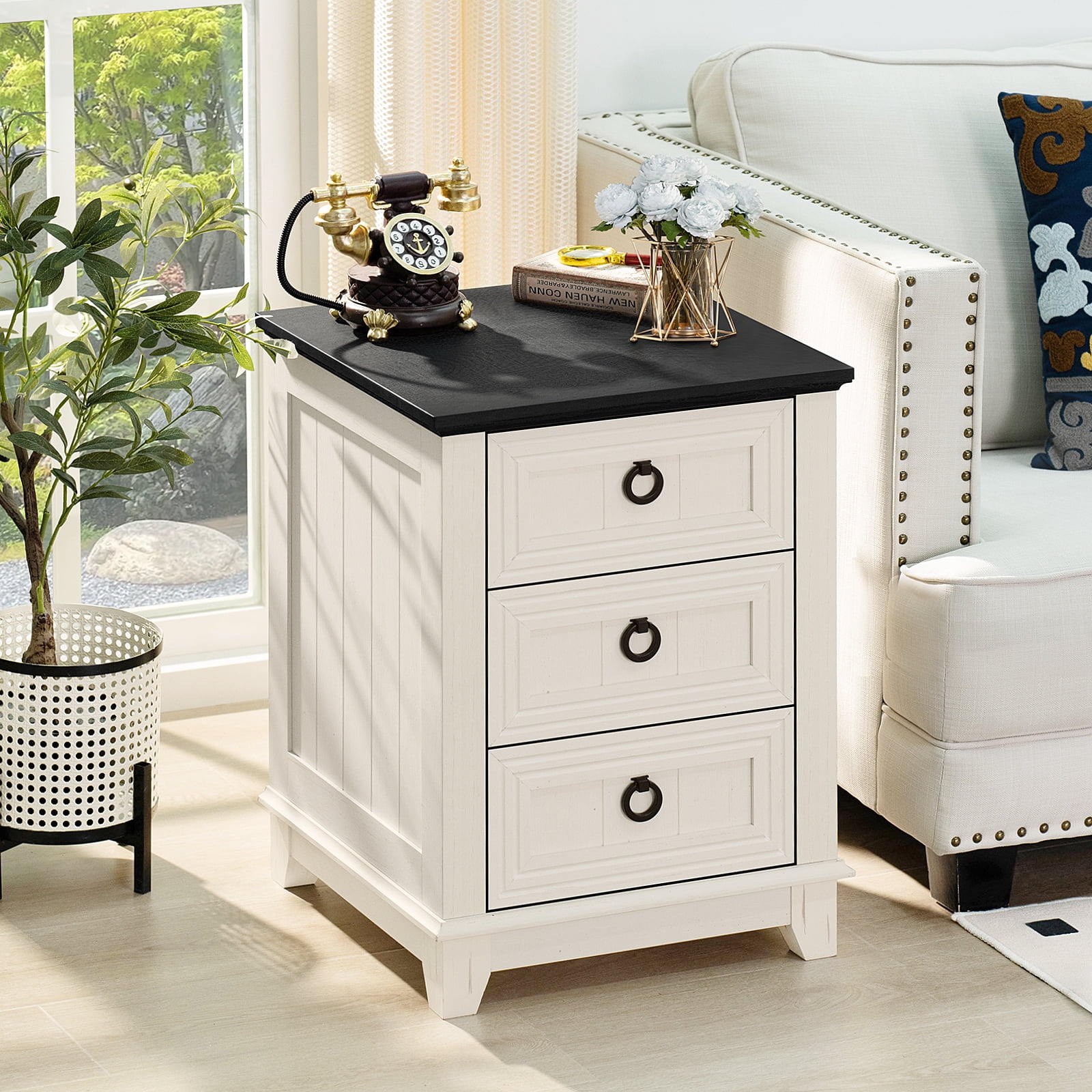Joaxswe Farmhouse Nightstand with 3 Drawers, Modern 18" Wide End Table Night Stands Mid Century Small Wooden Bedside Table, White