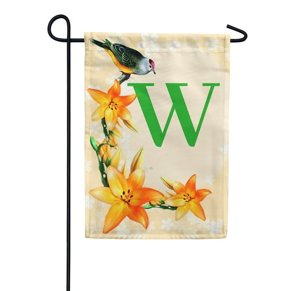 America Forever Spring Monogram Garden Flag Letter W 12.5 x 18 inches Double Sided Vertical Outdoor, Yard, Lawn, Beautiful Floral Design, Lily, Small Summer Bird Garden Flag