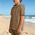 thumbnail image 6 of Lumosvexa Boys Hooded Linen Shirt Short Sleeve Lightweight Breathable Summer Vacation Button Up Shirt Khaki 5, 6 of 10
