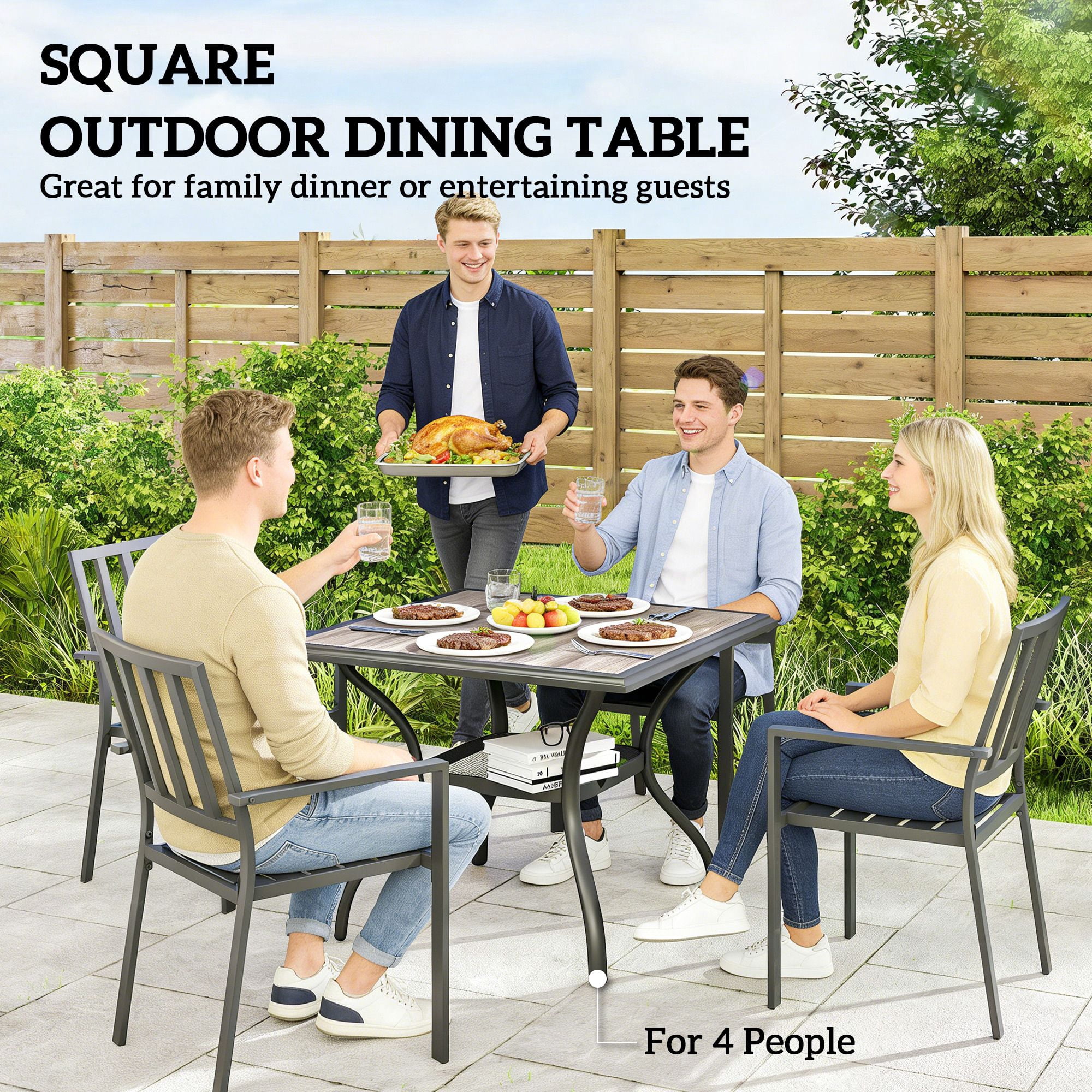 37" Square Outdoor Dining Table for 4, Gray Faux Wood Top Patio Table with Umbrella Hole and Lower Mesh Shelf, Weather-Resistant Steel Frame for Garden, Backyard, and Deck