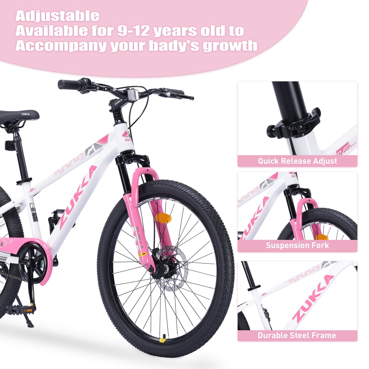 LuckyNote Mountain Bike 24 Inch MTB, Steel Frame, Single Speed, Double Disc Brake, White