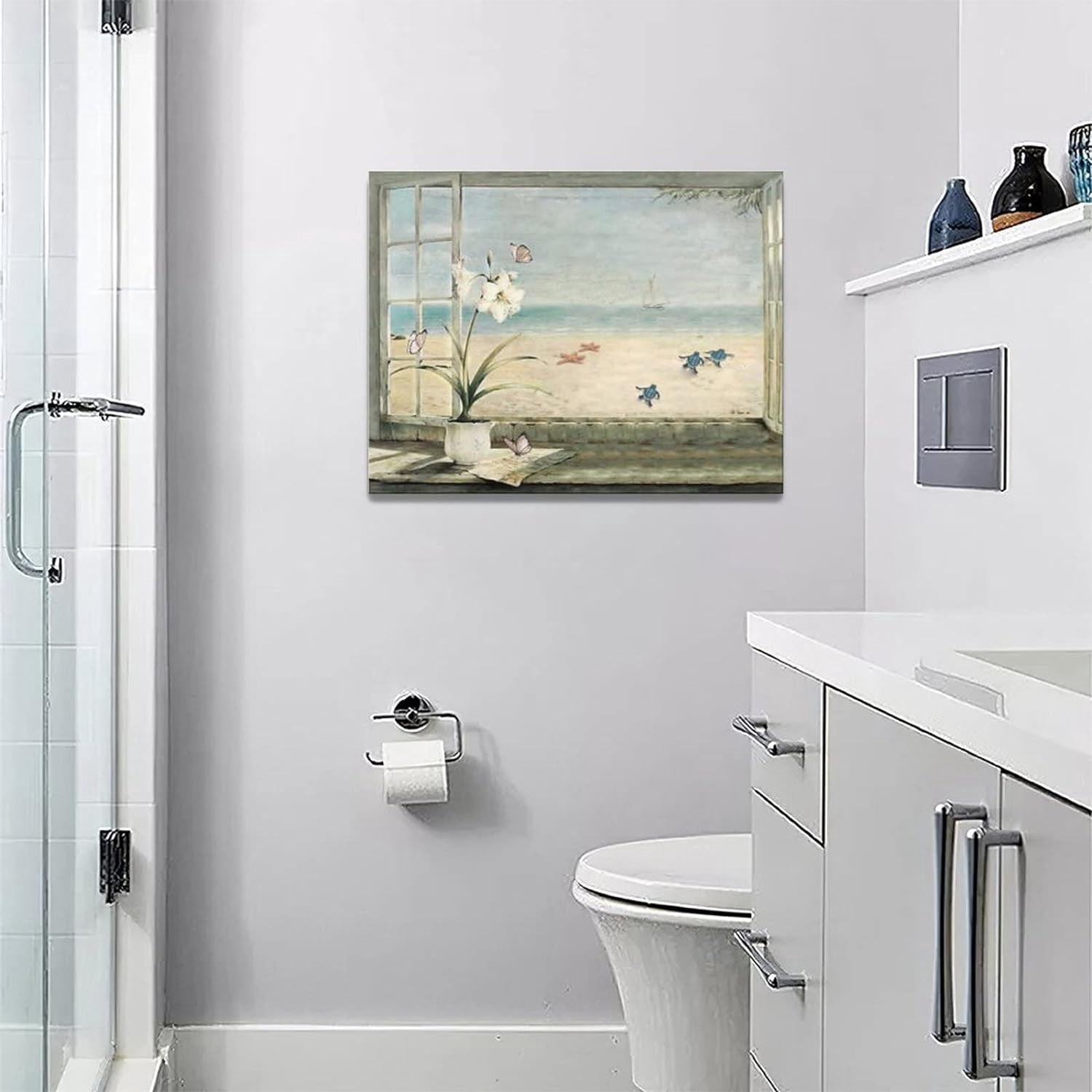 Beach Bathroom Wall Art Coastal Flower Ocean Turtle Butterfly Pictures Bathroom Wall Decor Floral Bathroom Canvas Prints Painting Beach Decorations Framed Artwork for Bathroom Bedroom 16"x12"