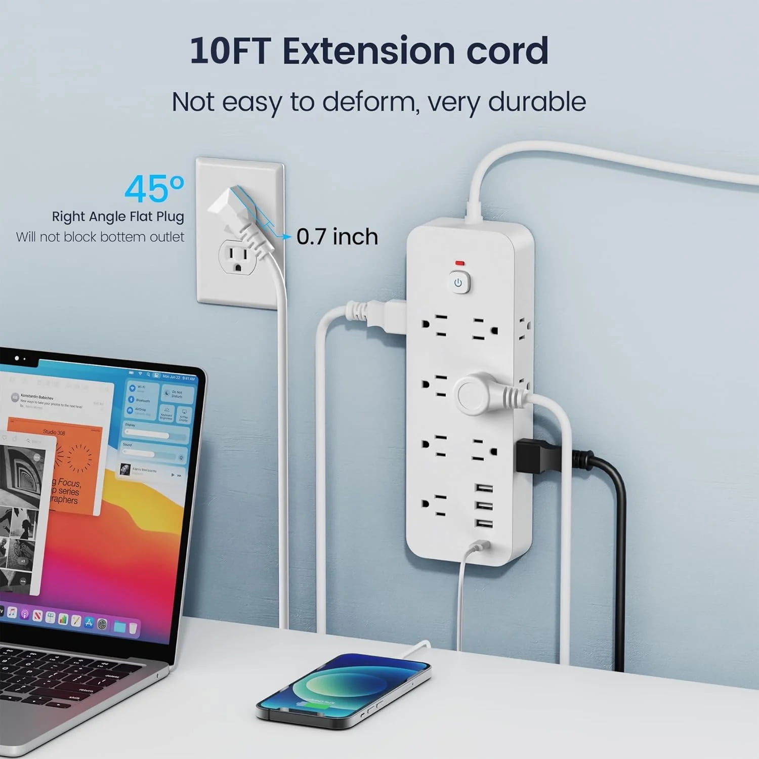 BEISHINK Power Board Surge Protector, Flat Plug Extension Cord of 5 Feet, with 14 Sockets and 4 USB Chargers, 1875J Multi-Plug Board, Suitable for Home, Office, University Dormitory Rooms, White