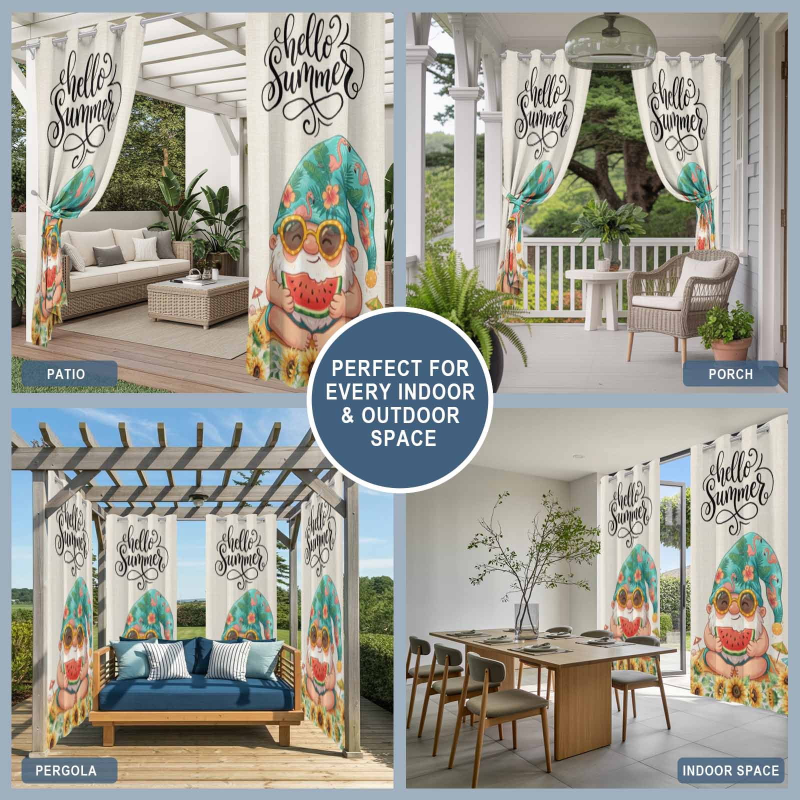 Hello Summer Outdoor Curtains for Patio Waterproof, Grommet Outdoor Privacy Panels, Cute Gnomes Watermolen Sunflowers Tropical Plants Weatherproof Outside Curtains for Porch 54"Wx108"L, 1 Panel