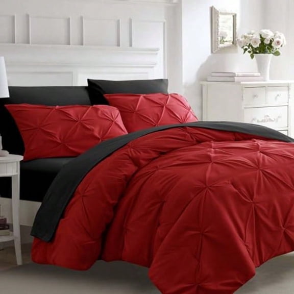 7pc Queen Size Comforter Set with Sheets Pintuck 7 Piece Bedding Comforters Bed in a Bag for All Season Pinched Pleat Bed Set with Comforter Red and Black Queen