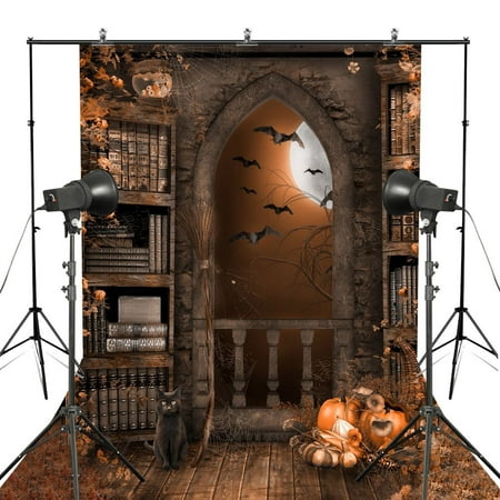 Image of MOHome 5x7ft Halloween Photography Bcakdrop Antique Arch Castle Door Pumpkin Bat in Dark Night Pumpkin Printed Photo Backgrounds