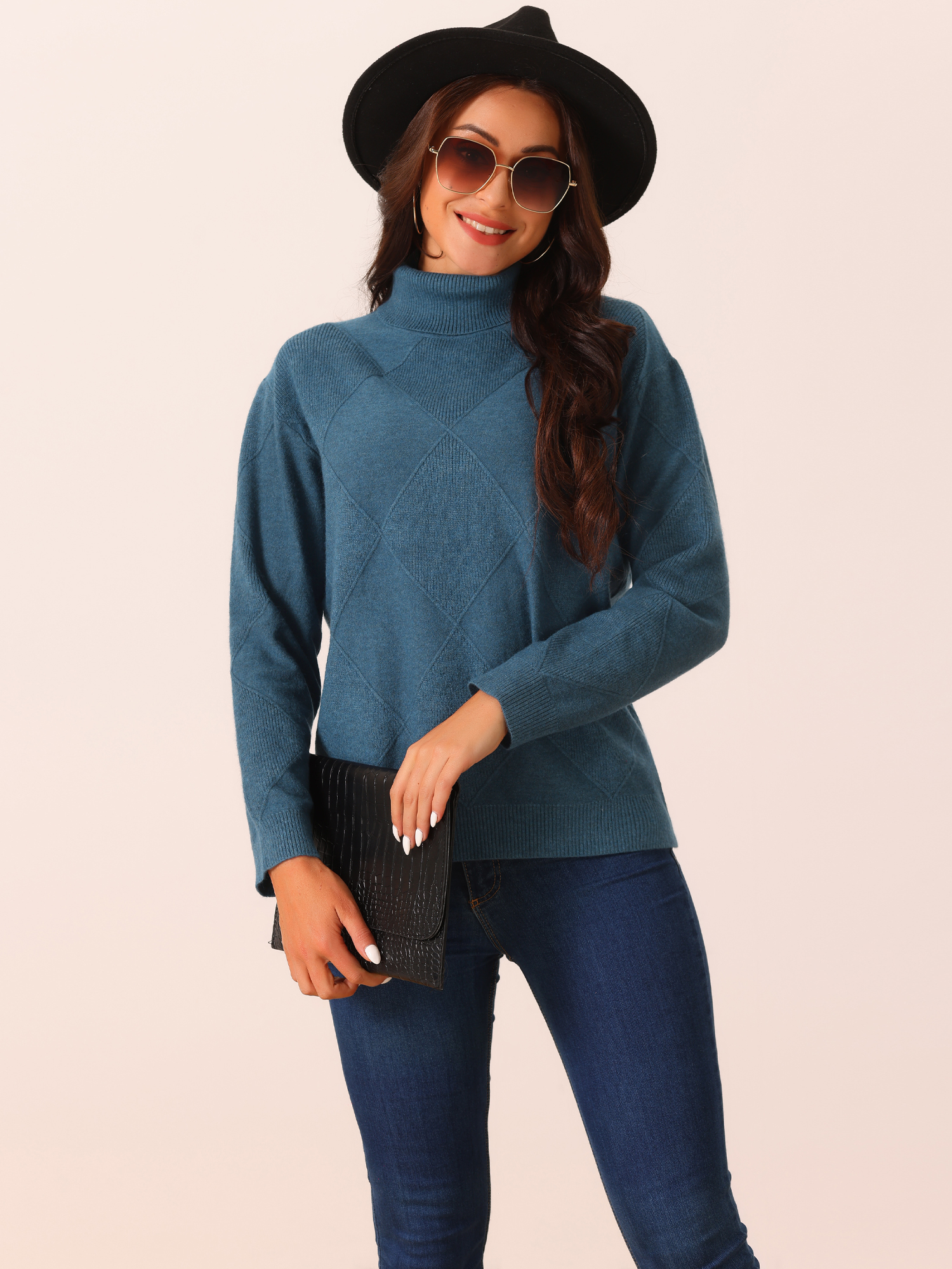 DARING DIVA Turtleneck Sweater Long Sleeve Knitted Pullover Basic S Deep Blue