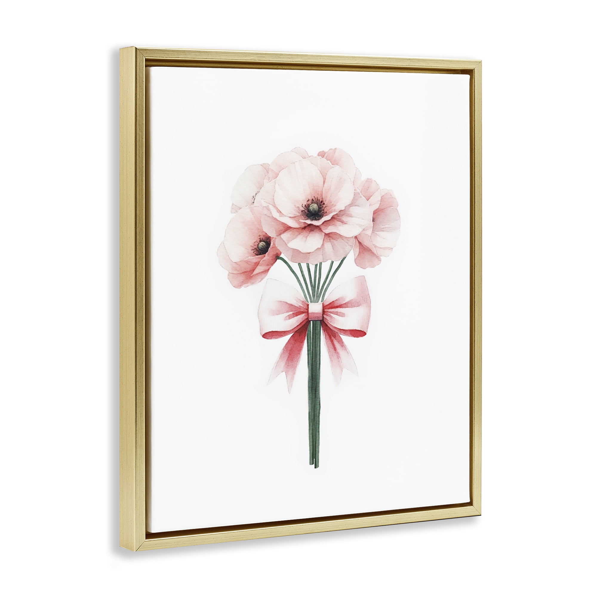 Stupell Industries Pastel Bouquet with Bow Plants & Flowers Painting Gold Floater Framed Canvas Art Print Wall Art, 25 x 31
