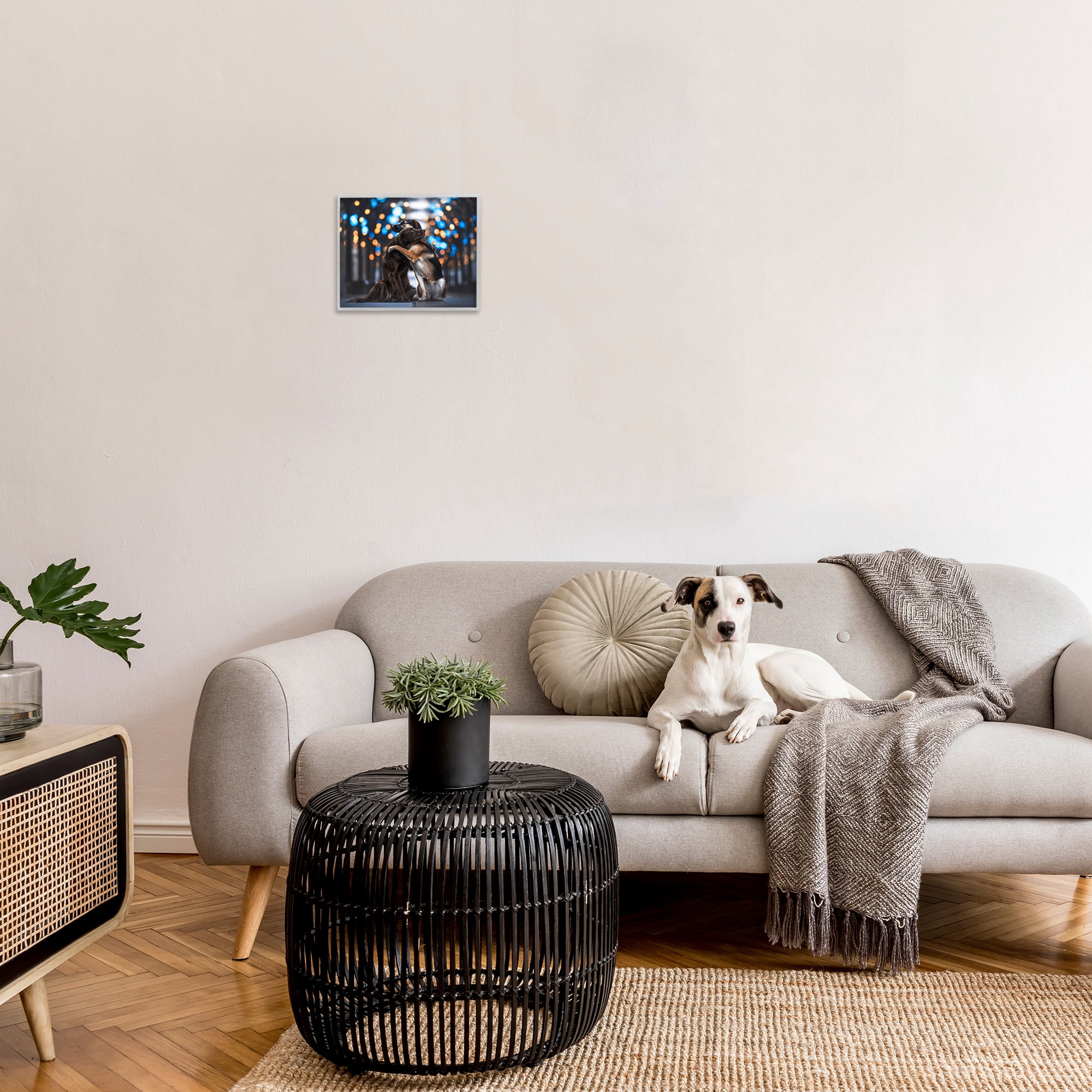 Stupell Industries Hugging Dogs with Bokeh Animals & Insects Painting Gray Framed Art Print Wall Art, 14 x 11