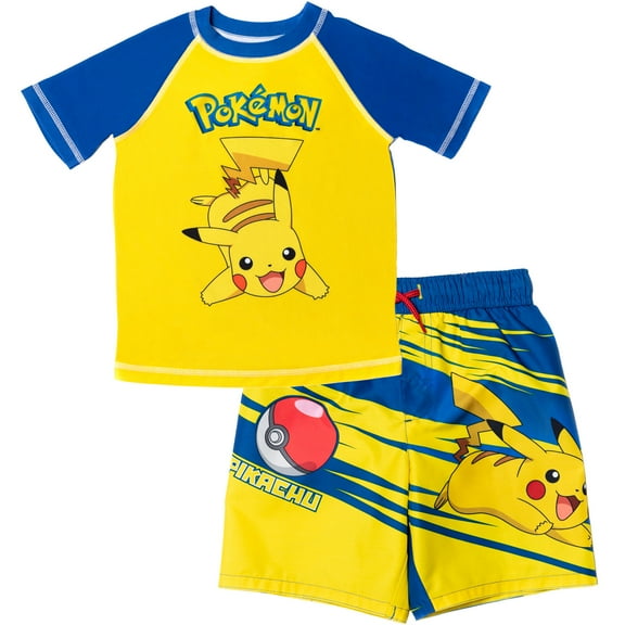Pokemon UPF 50  Yellow Quick Drying Rash Guard & Swim Trunks Outfit Set (Boy's)