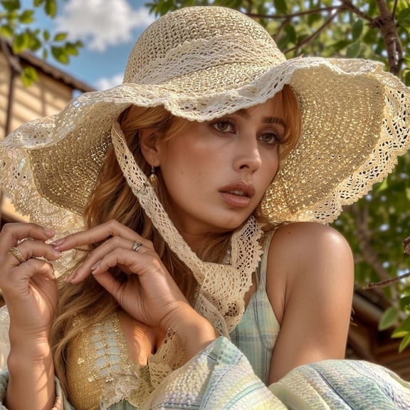 Women's Summer Sun Hat Wide Brim Straw Beach Hat With Lace Trim Adjustable Tie For Outdoor Travel Gardening Vacation Woman Trucker Hat Beautiful Mind Hat Clothes for Travel Women Womens Beach Bags