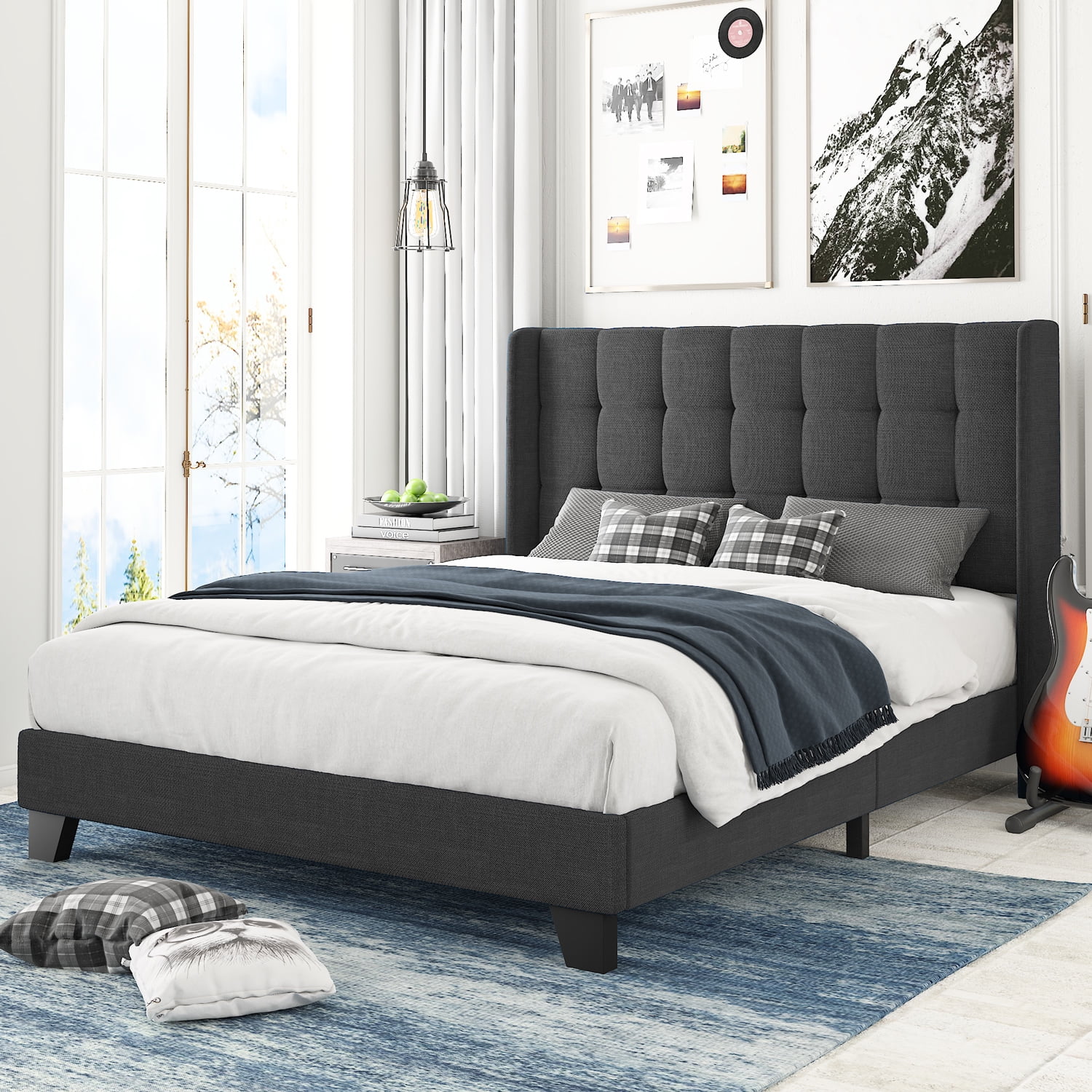 Amolife Full Upholstered Wingback Platform Bed Frame with Wood Slat Support and Square Stitched Headboard, Dark Grey