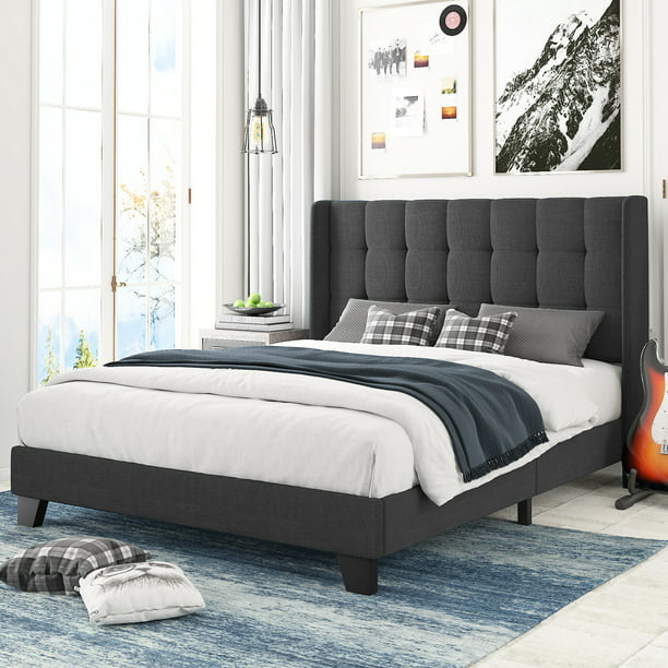 Amolife Queen Size Platform Bed With, Dark Grey Headboard And Frame