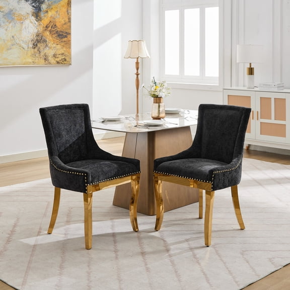 Set of 2 Chenille Dining Chairs with Metal Legs & Rivet Trim Wide Seat KItchen Dining Room Chairs Accent Side Chairs