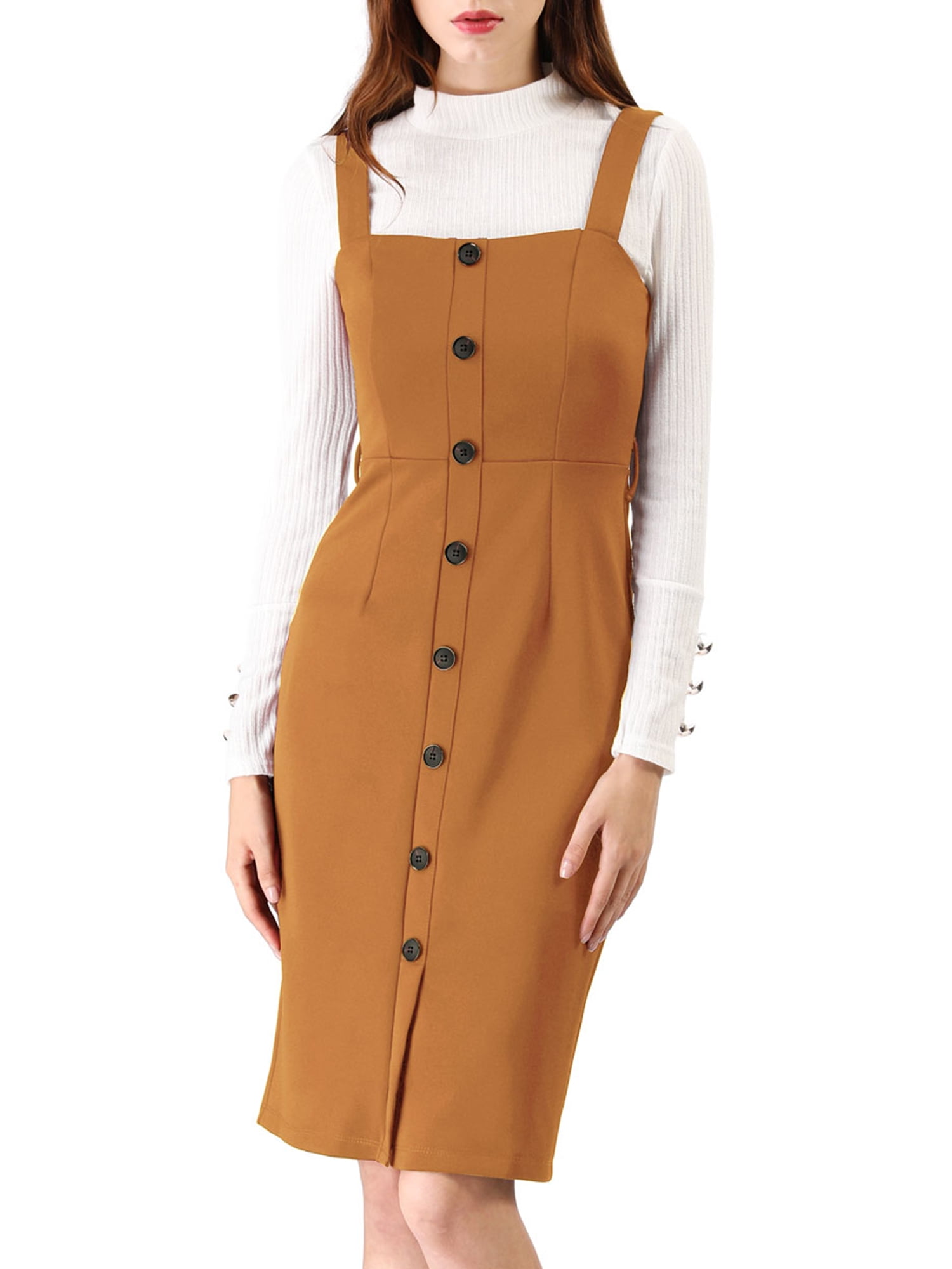 Allegra K Women Button Decor Suspender Overall Jumper Dress - Brown - Xs