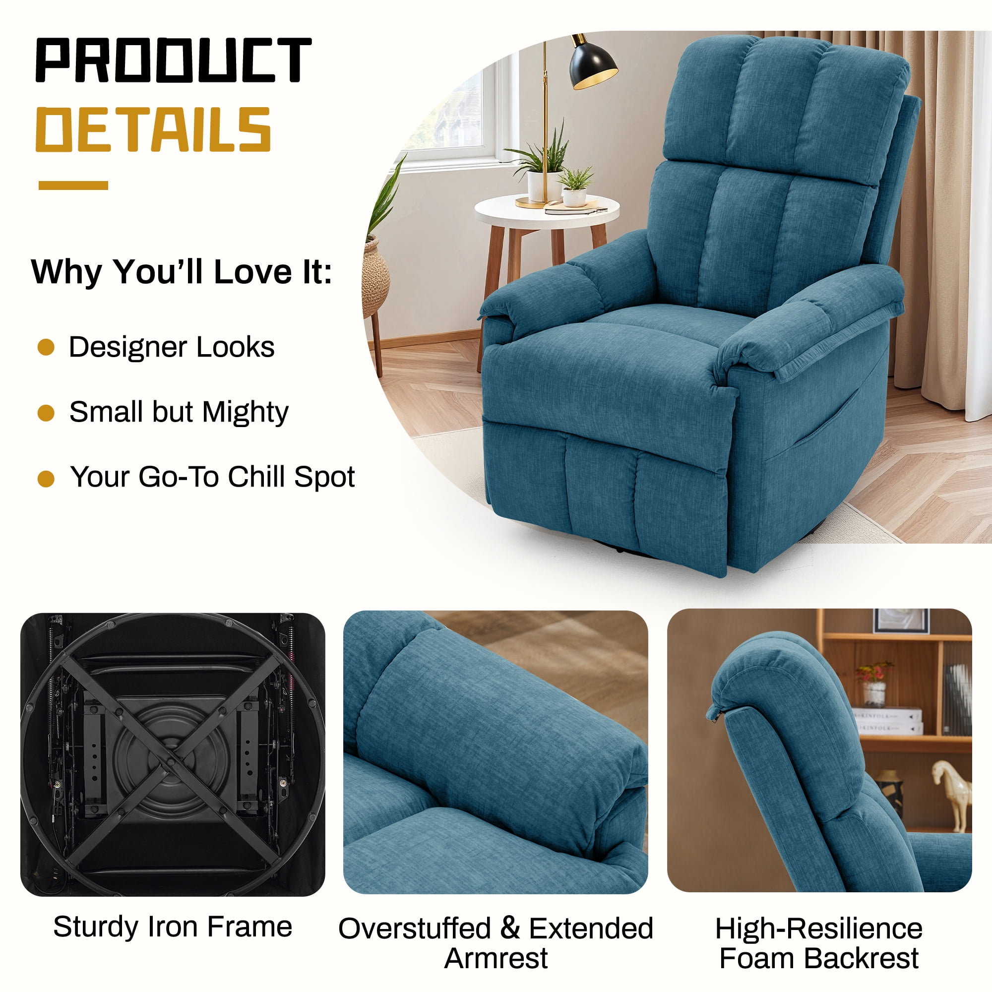 Korser 360°Swivel Recliner Chair for Adults with Side Pockets,Small Rocking Recliner for Small Spaces for Living Room,Nursery,Blue