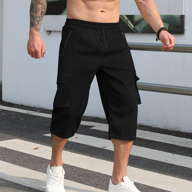 Ceisia Men's Gift Cargo Capri Pants Relaxed Fit Mid-Rise Elastic Waist Lightweight Zipper Side Pockets Drawstring Pants
