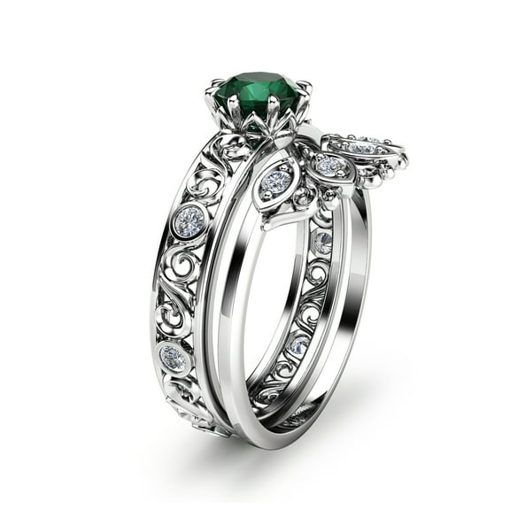 White Gold Emerald Engagement Ring And Unique Diamonds Band