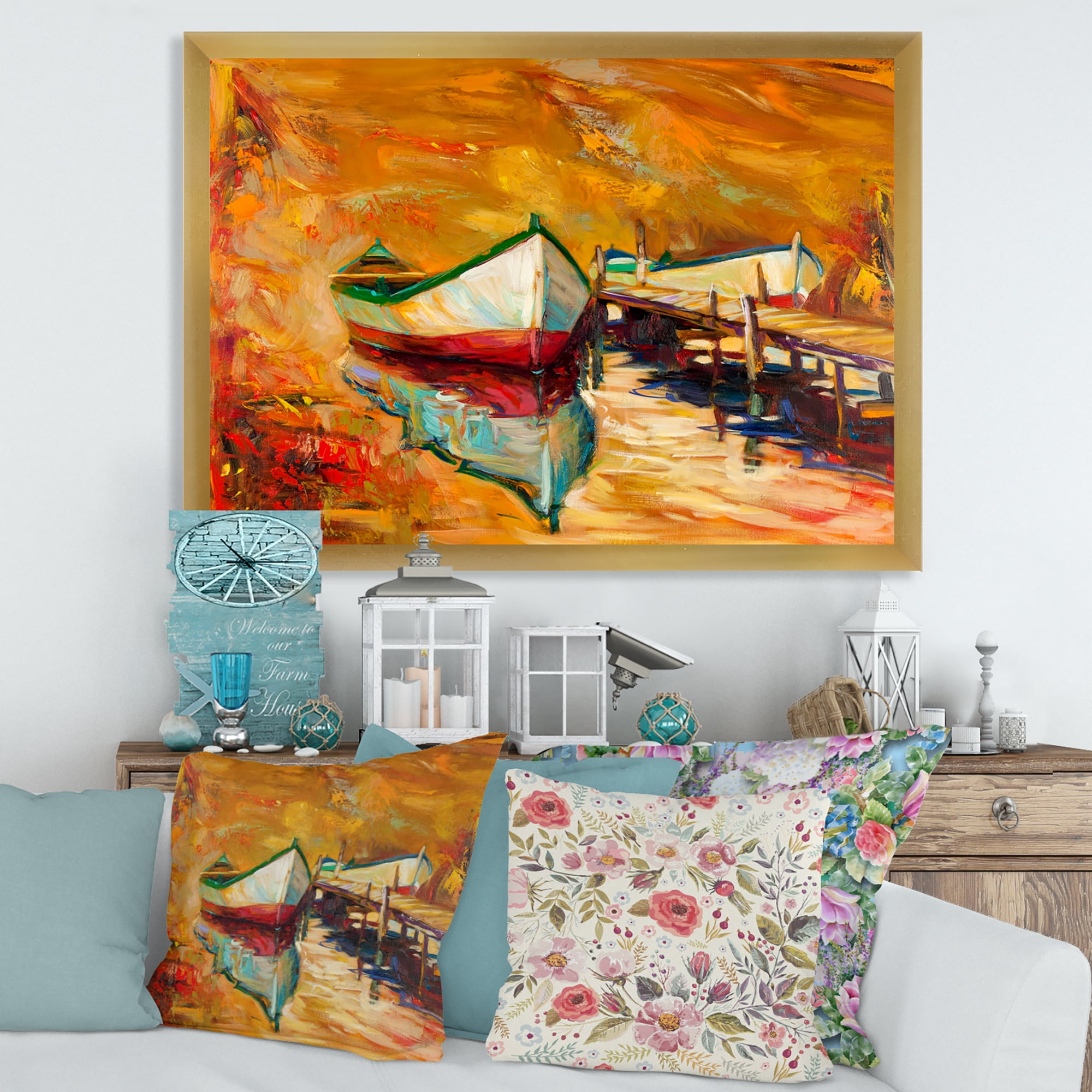 Designart 'Red and White Boats By The Pier' Nautical & Coastal Framed Art Print