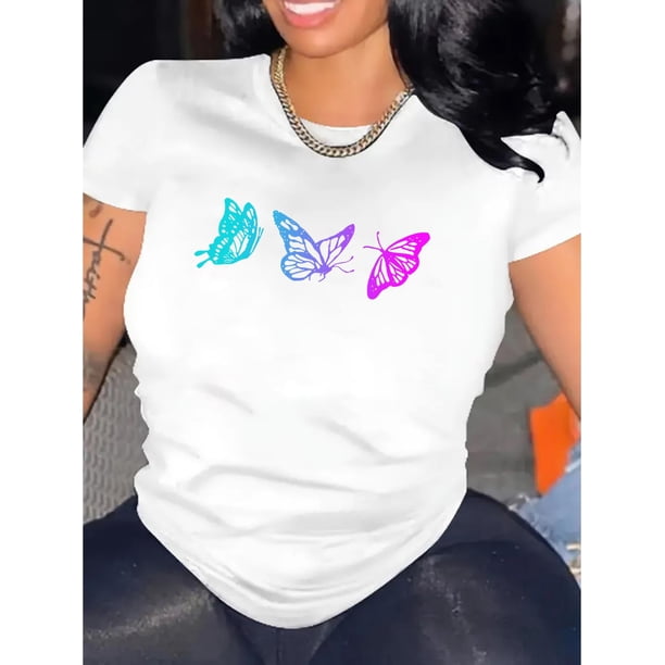 Camiseta de moda con estampado de mariposas degradadas para mujer, informal, de cuello redondo y manga corta, de punto de algodón con elasticidad media, con estampado animal, cómoda para cualquier tem