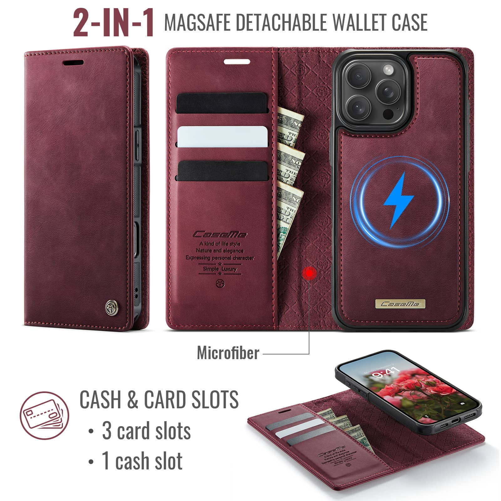 Magnetic 2 in 1 Magsafe Detachable Wallet Case for iPhone 16 Pro Max with Card Holder Women Men, Retro PU Leather【RFID Blocking】Kickstand Shockproof Cover