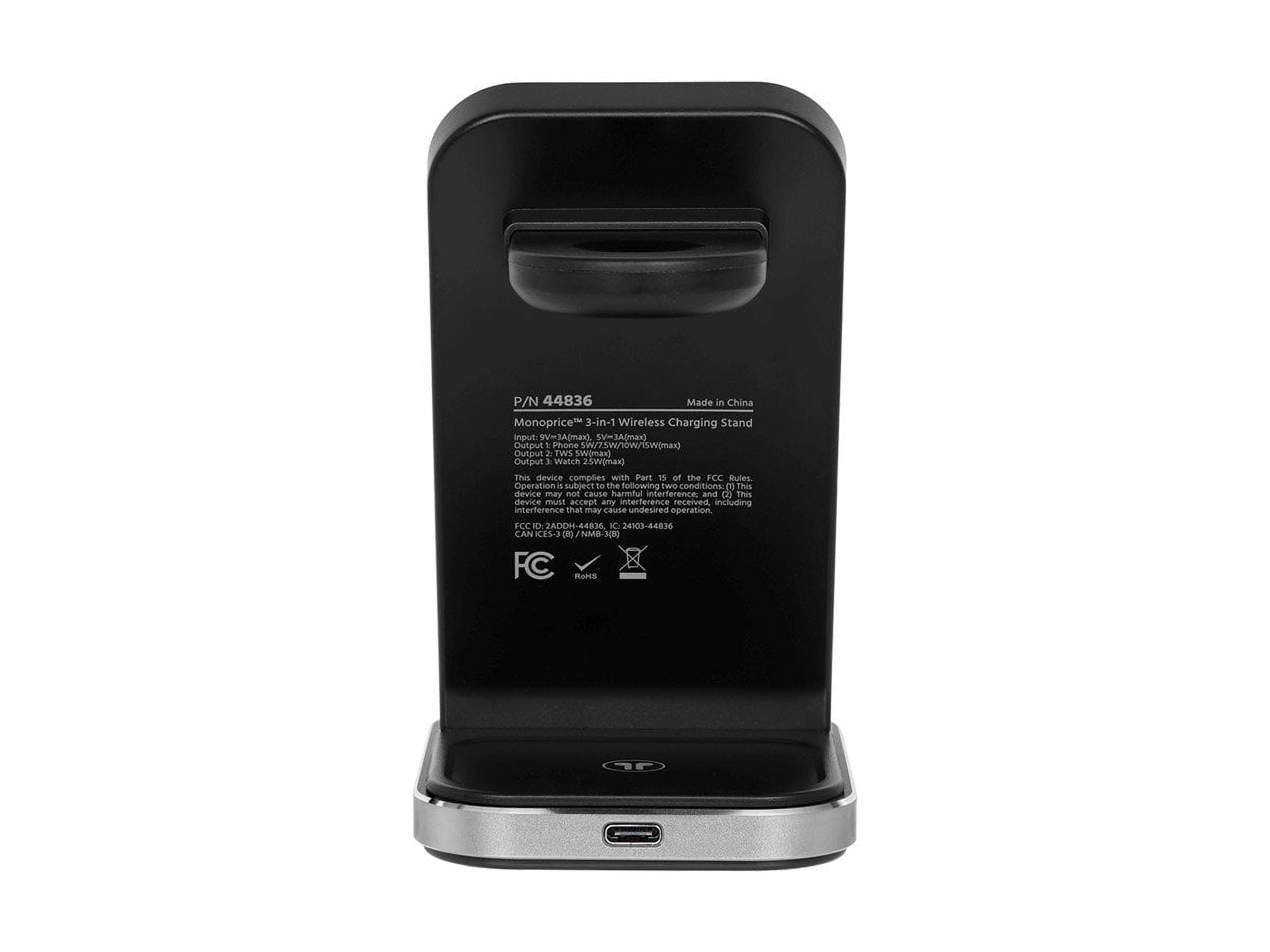 Monoprice 3‑in‑1 Wireless Charging Station for iPhone, Apple Watch, AirPods, Bundled with Quick Charge 3.0 Wall Charger, Fast Charging, Triple Sense LED Indicator, Detachable Watch Charger